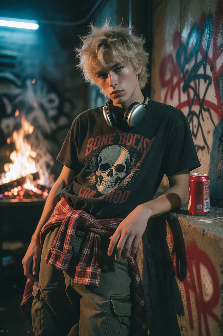 Leaning with a relaxed yet defiant air against a concrete ledge,  the young man exudes a simmering intensity,  his body we...