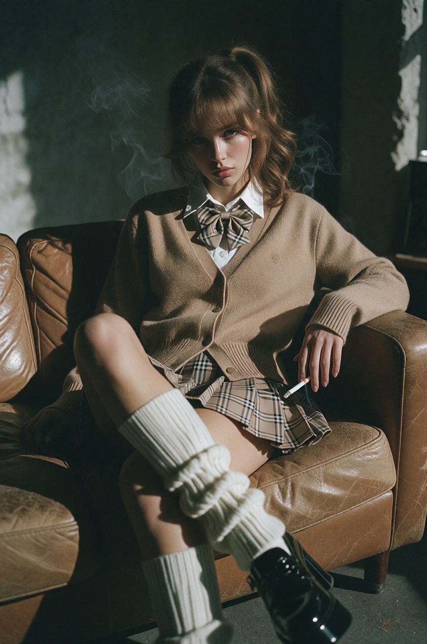 A high-end editorial film photograph captures a young woman sitting on a weathered,  tan leather couch in a dimly lit,  gr...