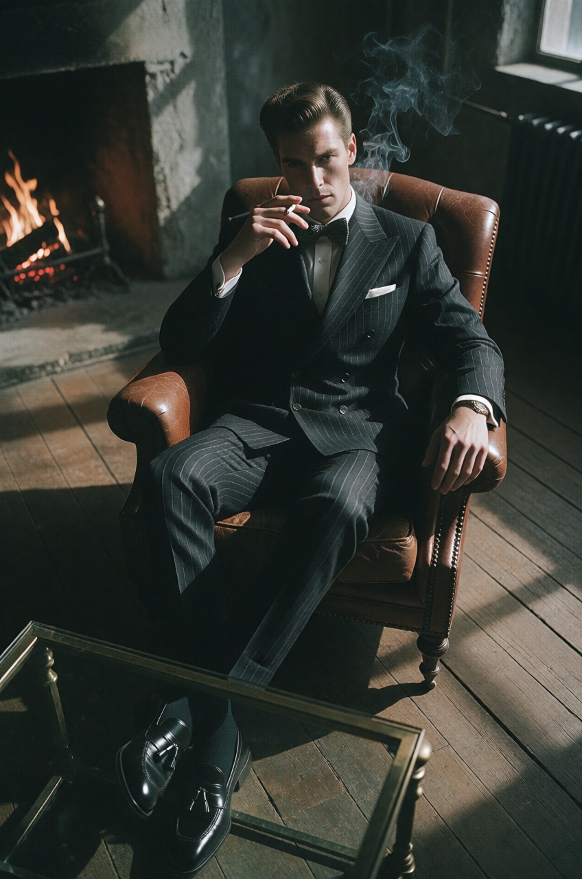 A distinguished gentleman commands the room from the depths of a plush leather armchair,  his presence amplified by the mo...