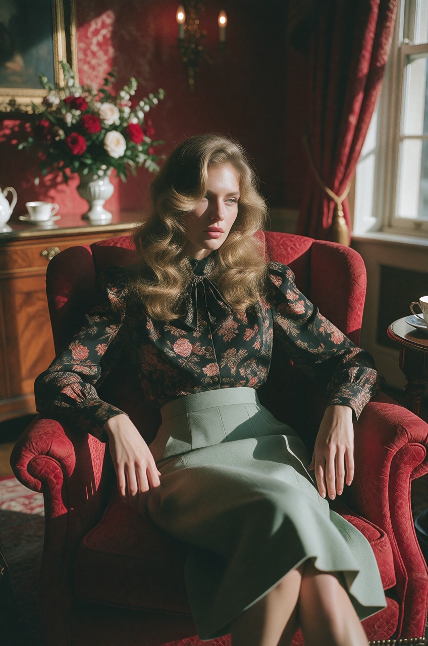 A woman sits gracefully in a plush red armchair,  reclining slightly while gazing pensive off to the side in a medium shot...