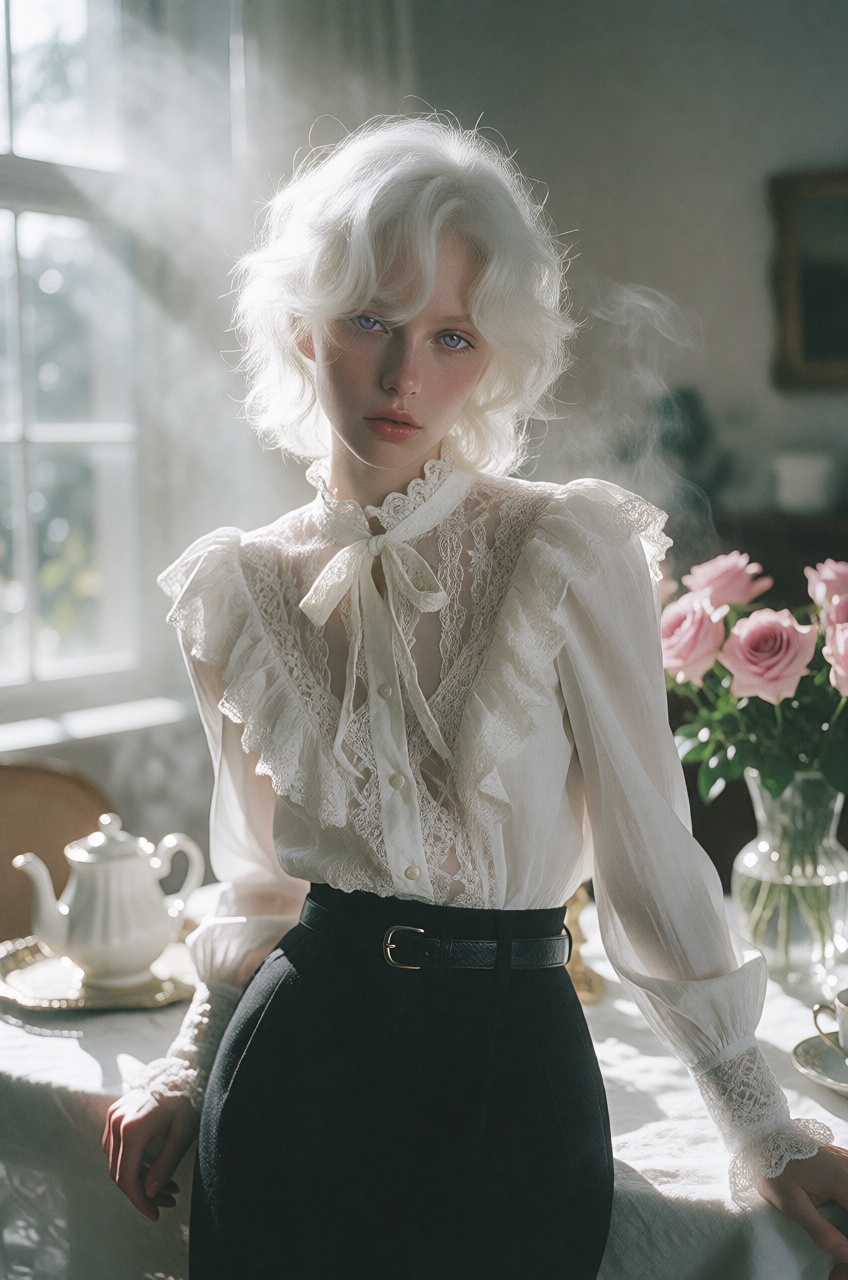 A striking,  ethereal young person with short,  feathery white hair and pale violet eyes leaning forward against a brightl...