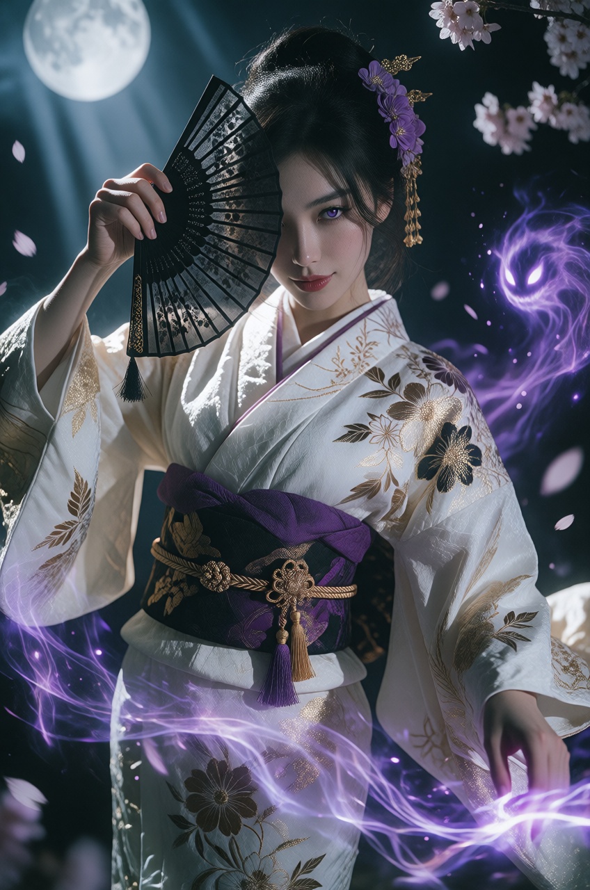A woman with dark purple eyes and black hair styled up in an ornate bun with purple flowers and traditional hairpins holds...