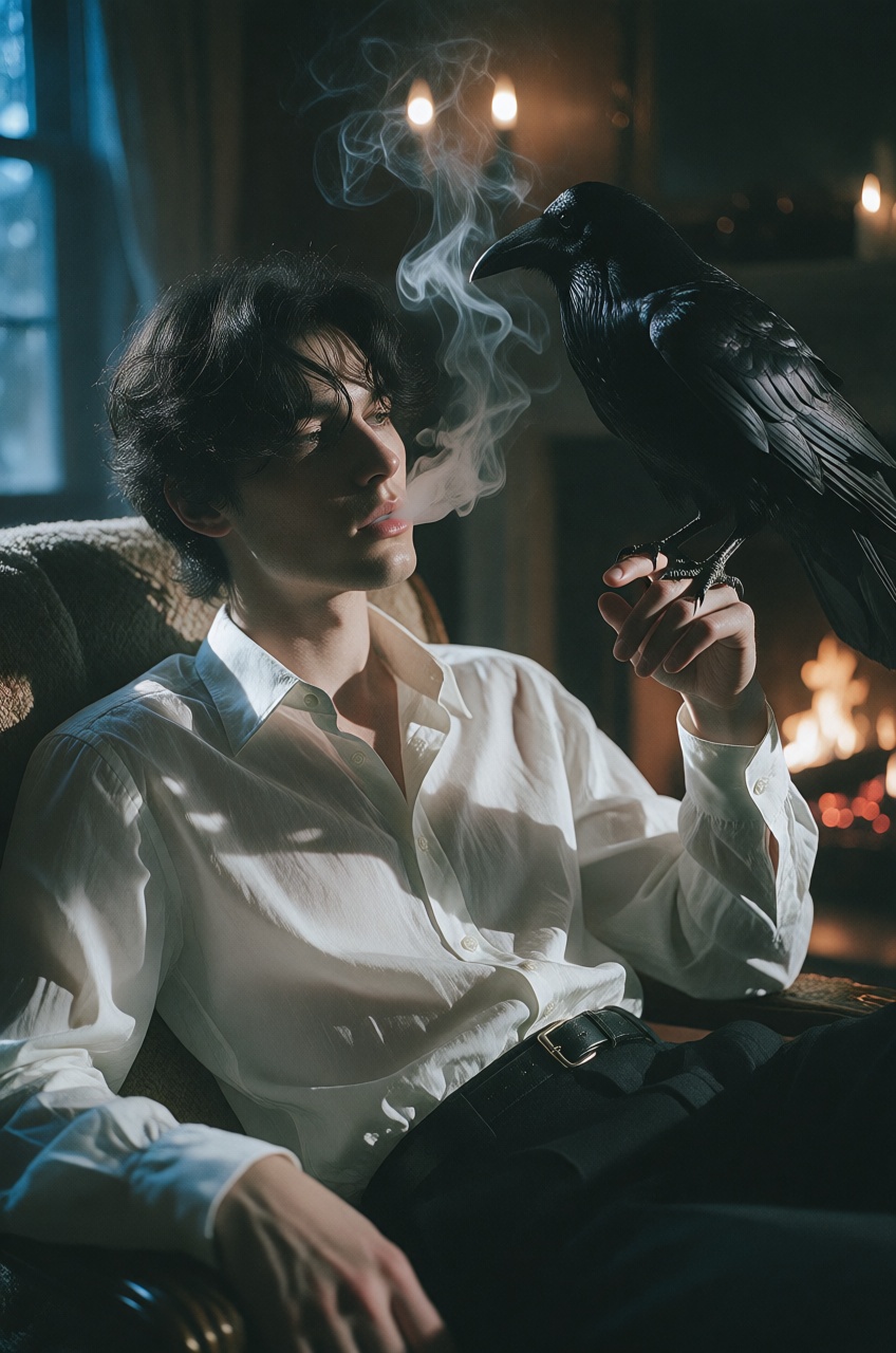 An elegantly composed portrait captures a young man exuding a quiet,  gothic sophistication as he reclines in a dimly lit...