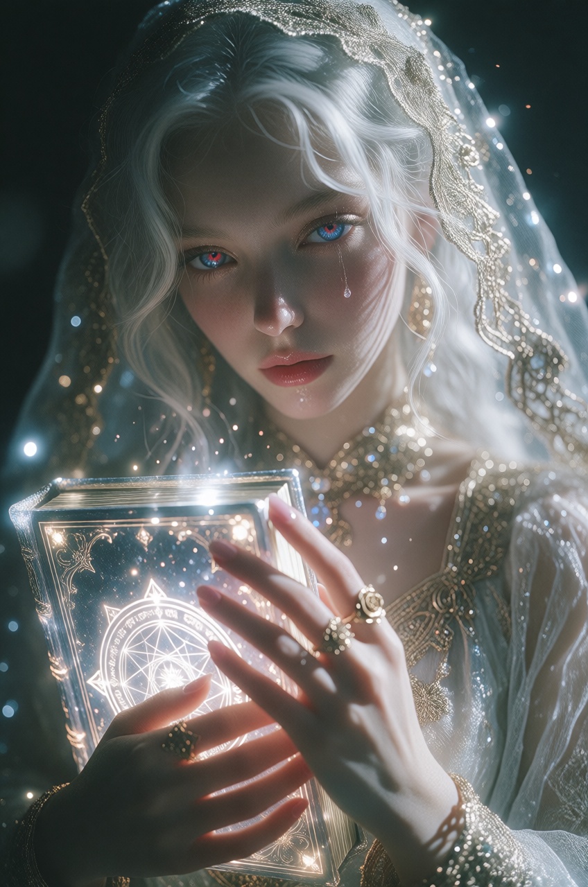 an anime illustration of a mystical young woman captured from an extreme close-up camera view angle,  offering a macro pho...