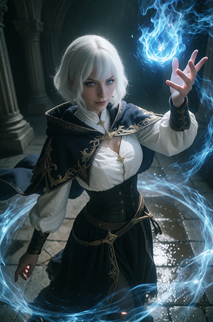 A woman with short white hair,  blunt bangs,  and piercing light blue eyes smirks confidently while summoning cyan energy...