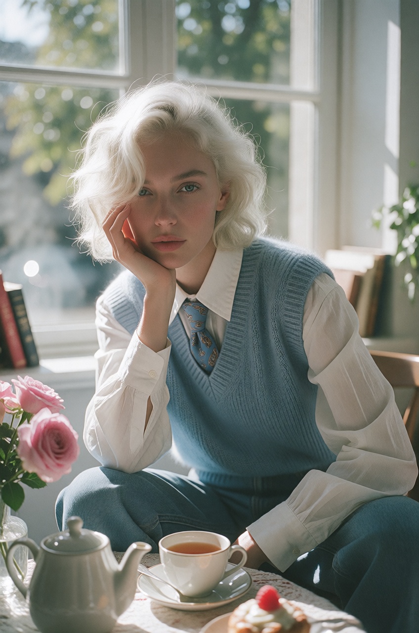 A woman with short messy platinum hair and delicate facial features sits thoughtfully at a table,  gently resting her chee...