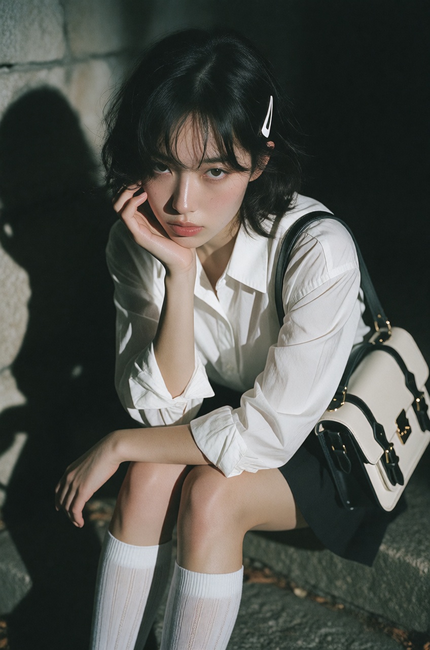 An ethereal,  high-fashion portrait captures a young woman in a pensive moment,  her jet-black hair styled in a short on T...