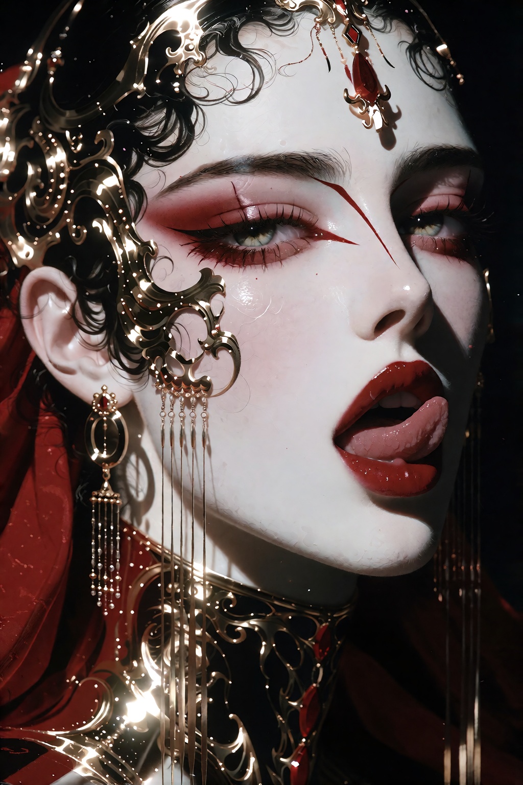 A figure with pale,  smooth skin and dark hair wears an ornate,  glistening headdress composed of intricate gold filigree...