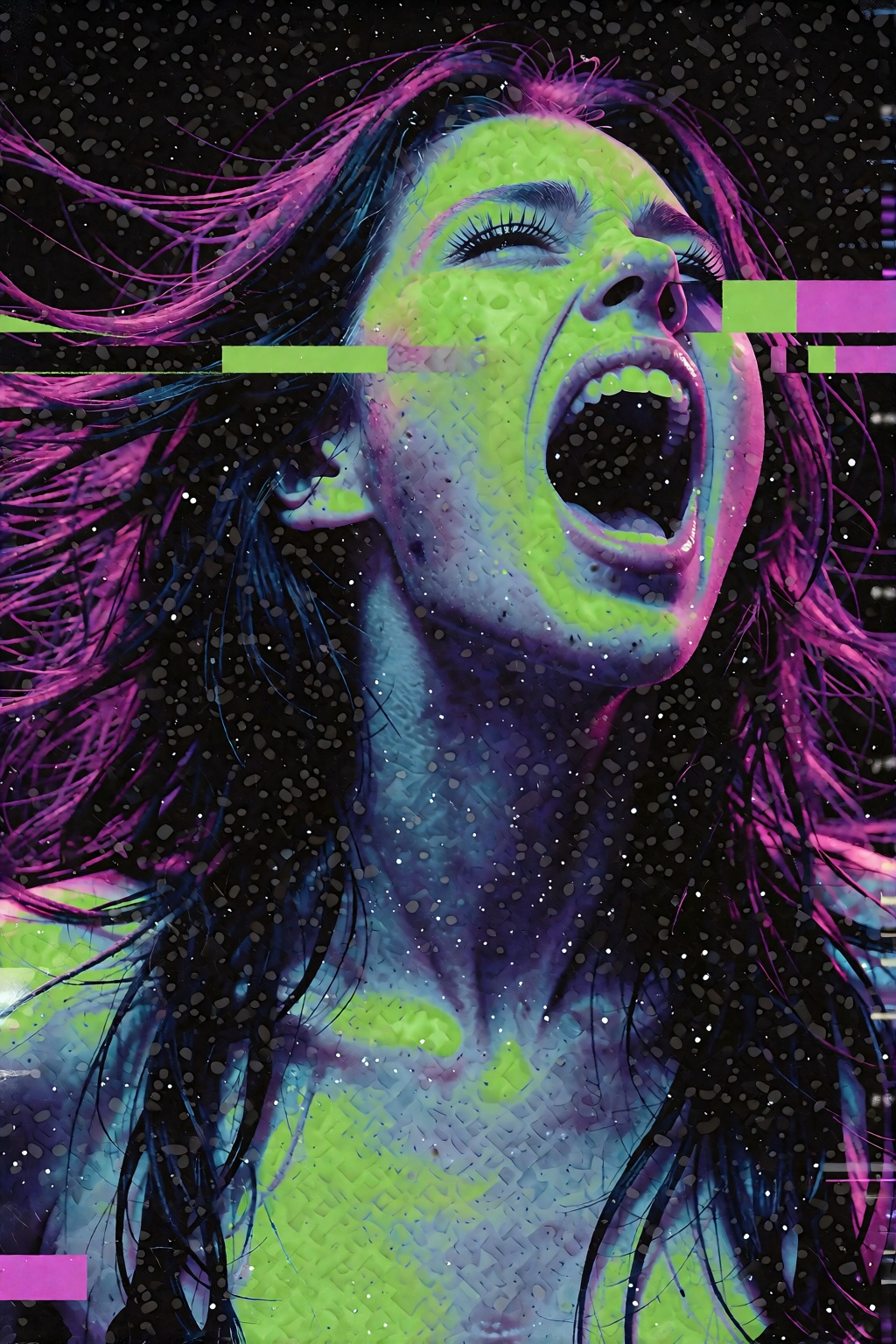 A woman with long dark hair throws her head back in a raw scream,  mouth wide open and eyes squeezed tightly shut in an ex...