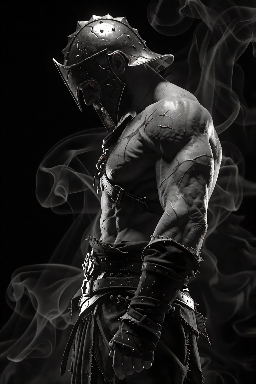 A monochrome dark fantasy portrait captures a muscular bare-chested warrior in stark silhouette against an infinite void o...