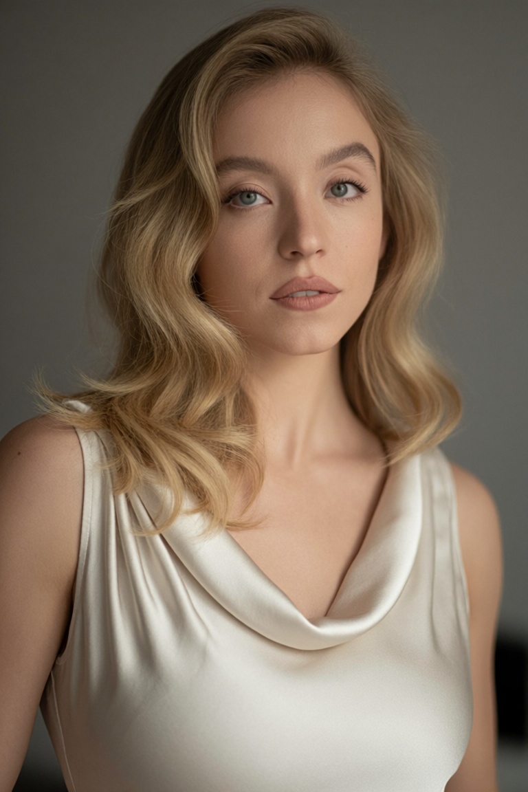 The woman in the image has light blonde hair styled in soft waves,  parted slightly off-center. She wears a sleeveless,  s...