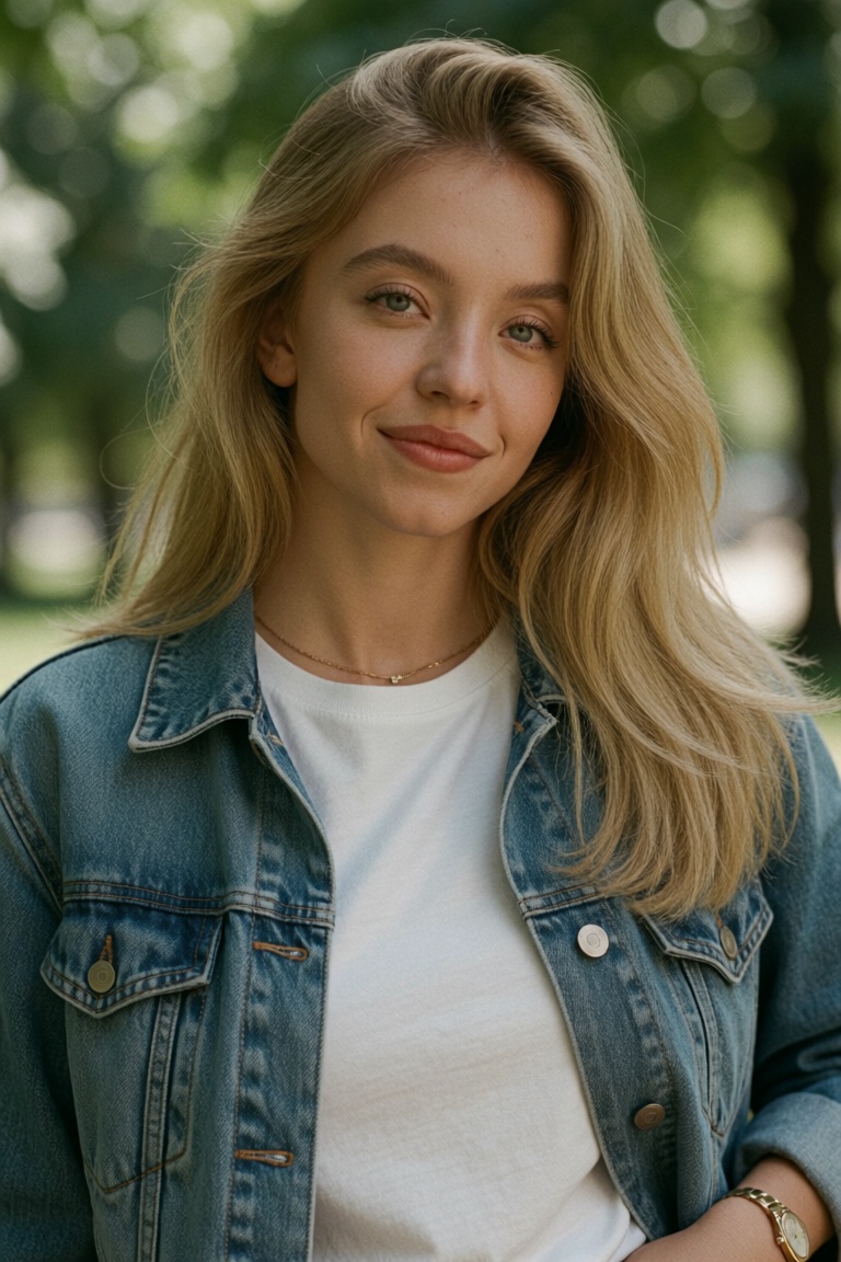 Professional editorial portrait photograph taken during an outdoor photoshoot in a park. Captured with a full-frame camera...