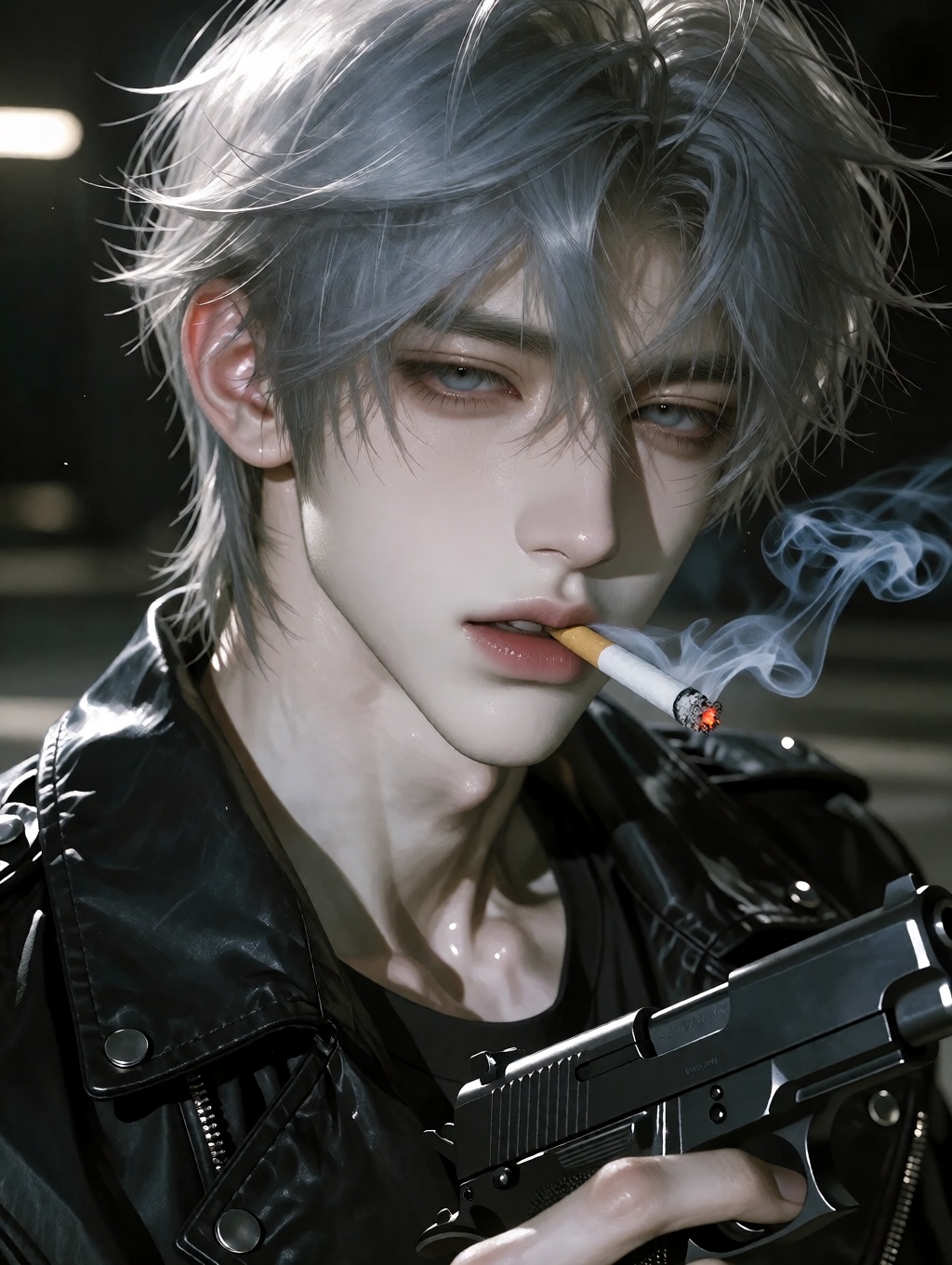 This is a digital artwork of a young,  pale-skinned,  androgynous male with striking silver-gray on Tensor.Art