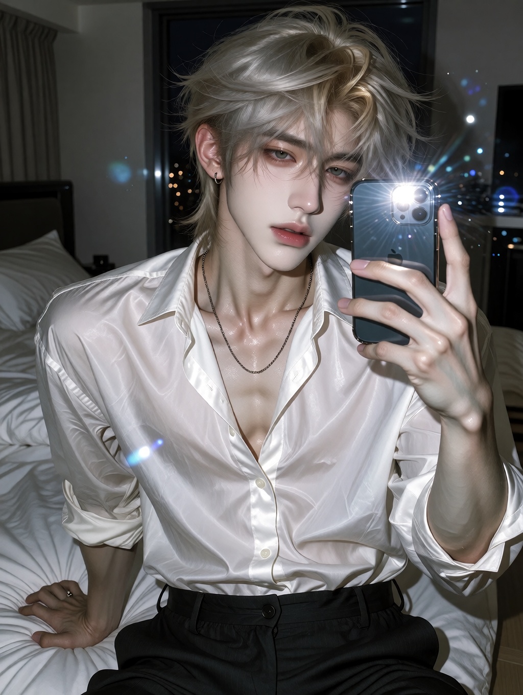 A highly detailed photorealistic portrait of a stunningly handsome young man in his early 20s with delicate East Asian fea...