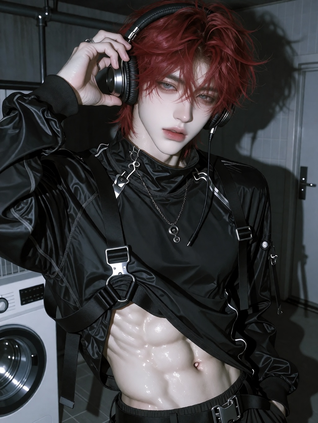 This is a digital artwork of a young,  pale-skinned male with striking red,  tousled hair. He is wearing black on Tensor.Art