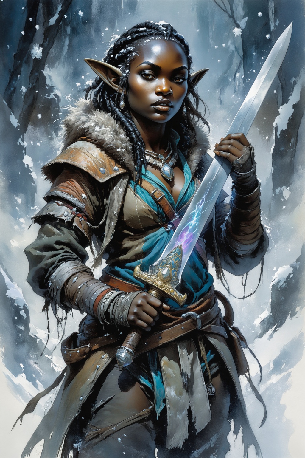 detailed gouache painting featuringan elf woman with East African features. She holds a large,  ornate energy sword,  it g...
