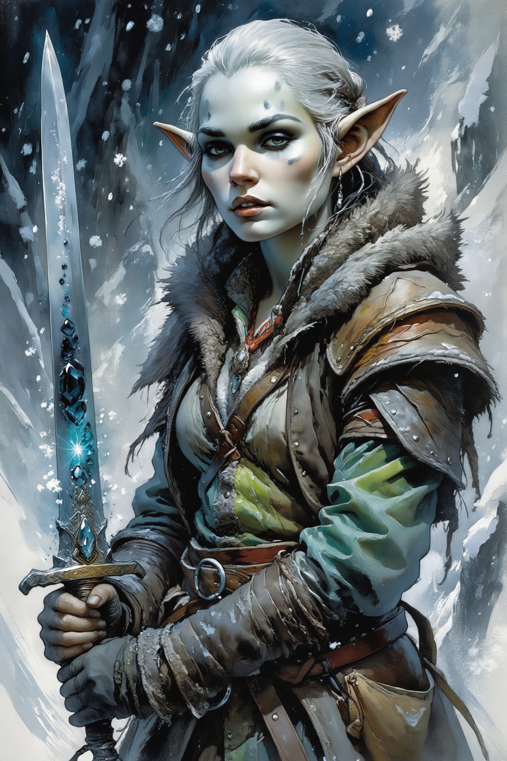 detailed gouache painting featuring an elf woman with high Slavic cheekbones. She holds a large,  ornate energy sword,  it...