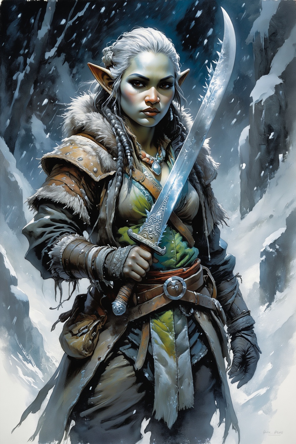 detailed gouache painting featuring an elf woman with a broad Polynesian nose. She holds a large,  ornate indonesian kukri...