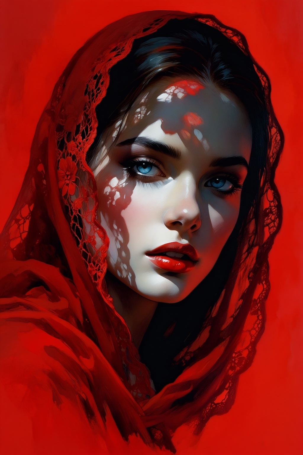 detailed gouache painting featuring a young woman bathed in dramatic,  red-tinted light. The image focuses on her face,  w...