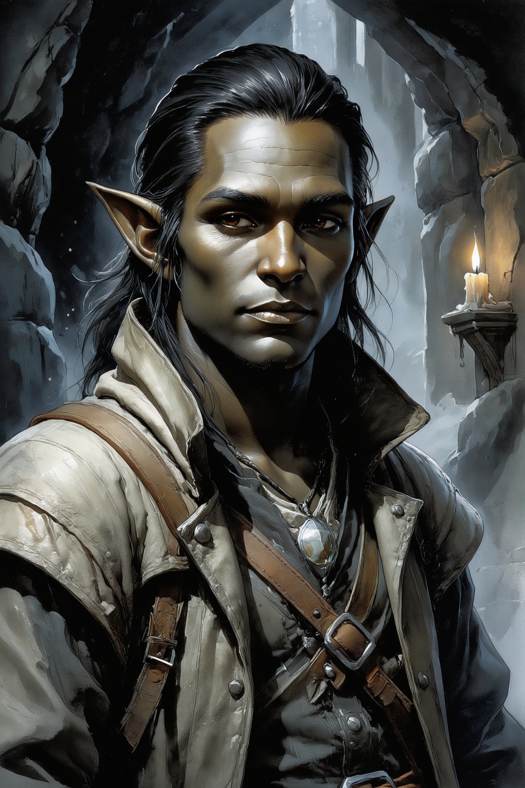 detailed gouache painting featuring a half-elf grave cleric,  late twenties,  ash-brown skin on Tensor.Art