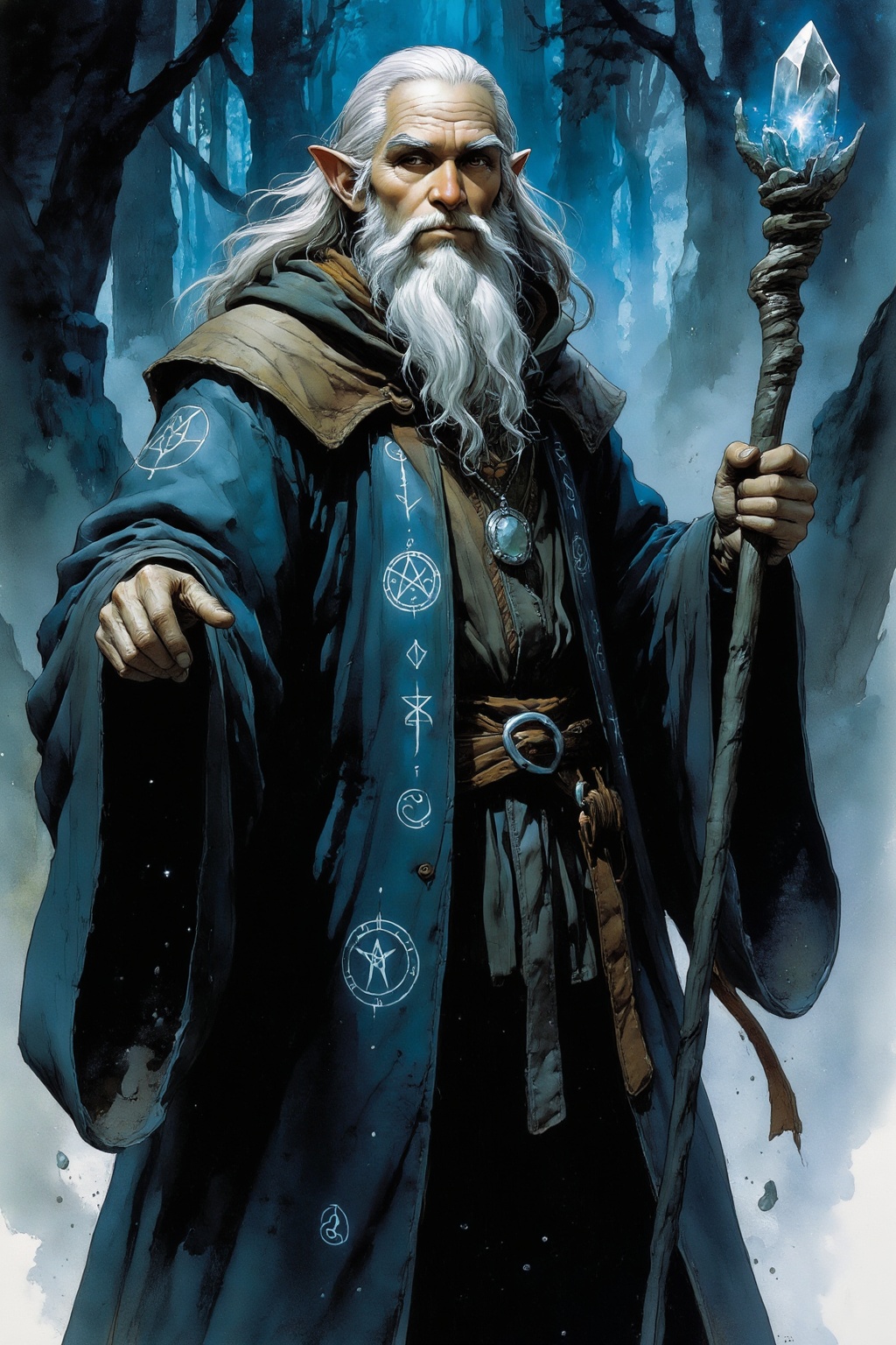 detailed gouache painting featuring an elderly human wizard with long white hair and long beard,  blue robes covered in ar...