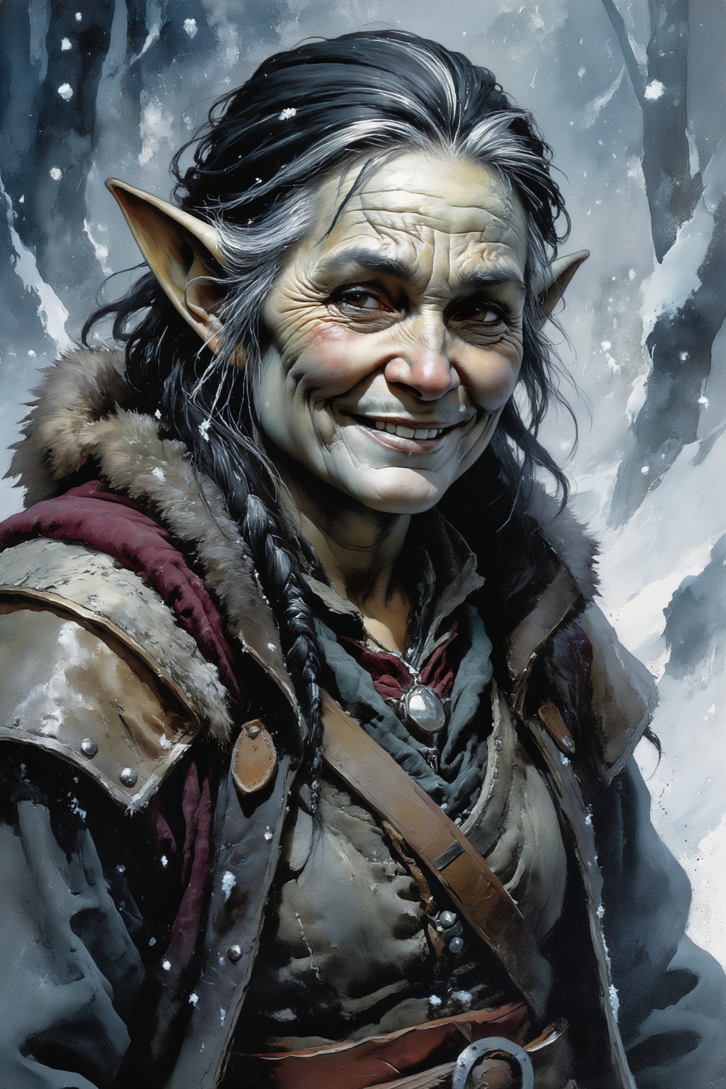 detailed gouache painting featuring an elf woman in her weathered middle years,  laugh lines and crow's feet,  silver-stre...