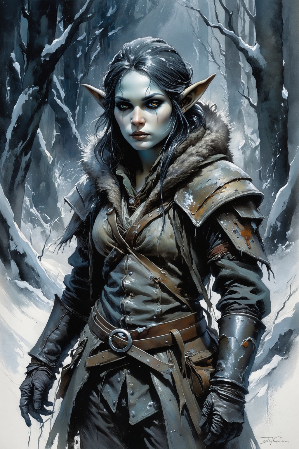 detailed gouache painting featuring an elf woman with deep-set hooded eyes. She is dressed in fur and scuffed oiled-leathe...