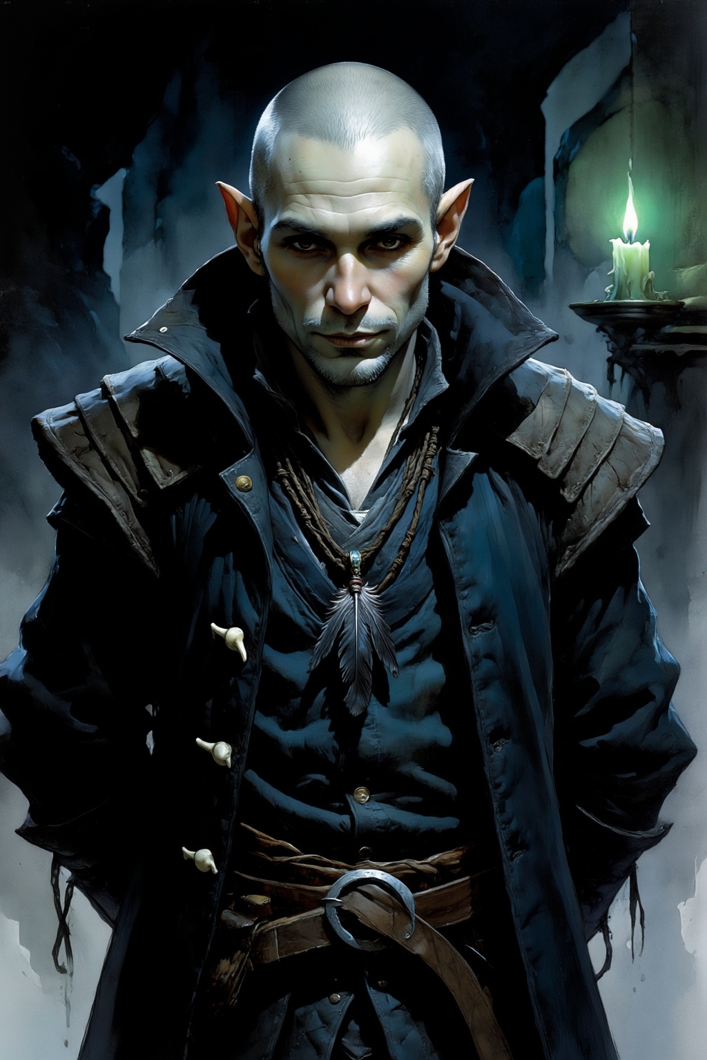 detailed gouache painting featuring a human warlock,  late thirties,  shaved head on Tensor.Art