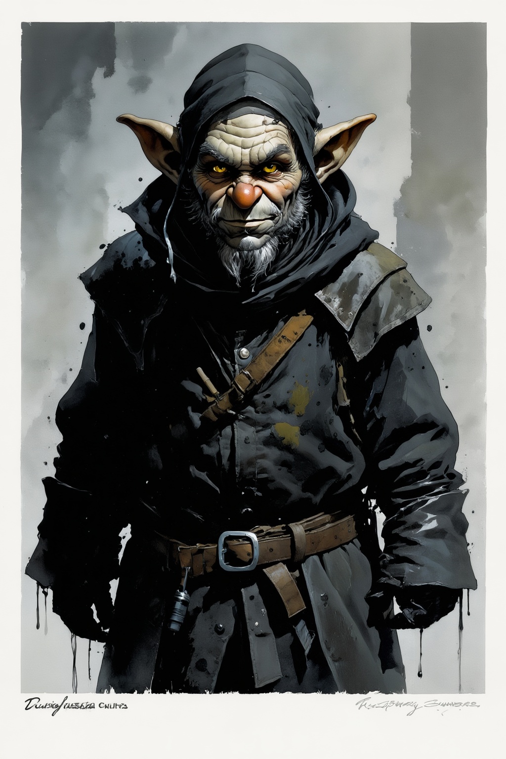detailed gouache painting featuring a goblin saboteur,  yellow eyes,  soot-black hooded coat on Tensor.Art