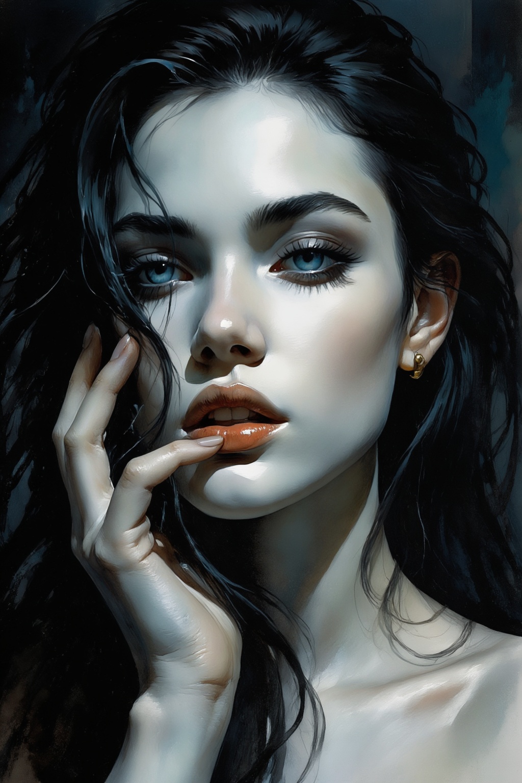 detailed gouache painting featuring a young woman with pale skin and striking blue eyes. She has dark,  wavy,  almost blac...