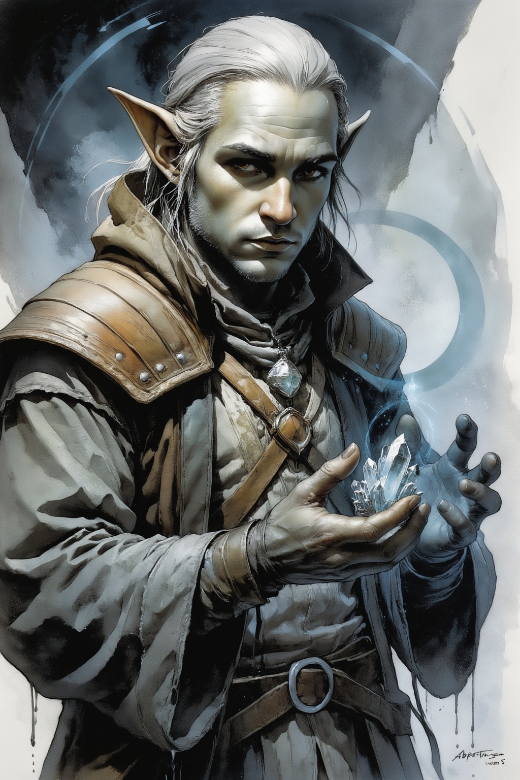 detailed gouache painting featuring a High Elf Abjuration Wizard,  level 5,  wearing reinforced robes on Tensor.Art