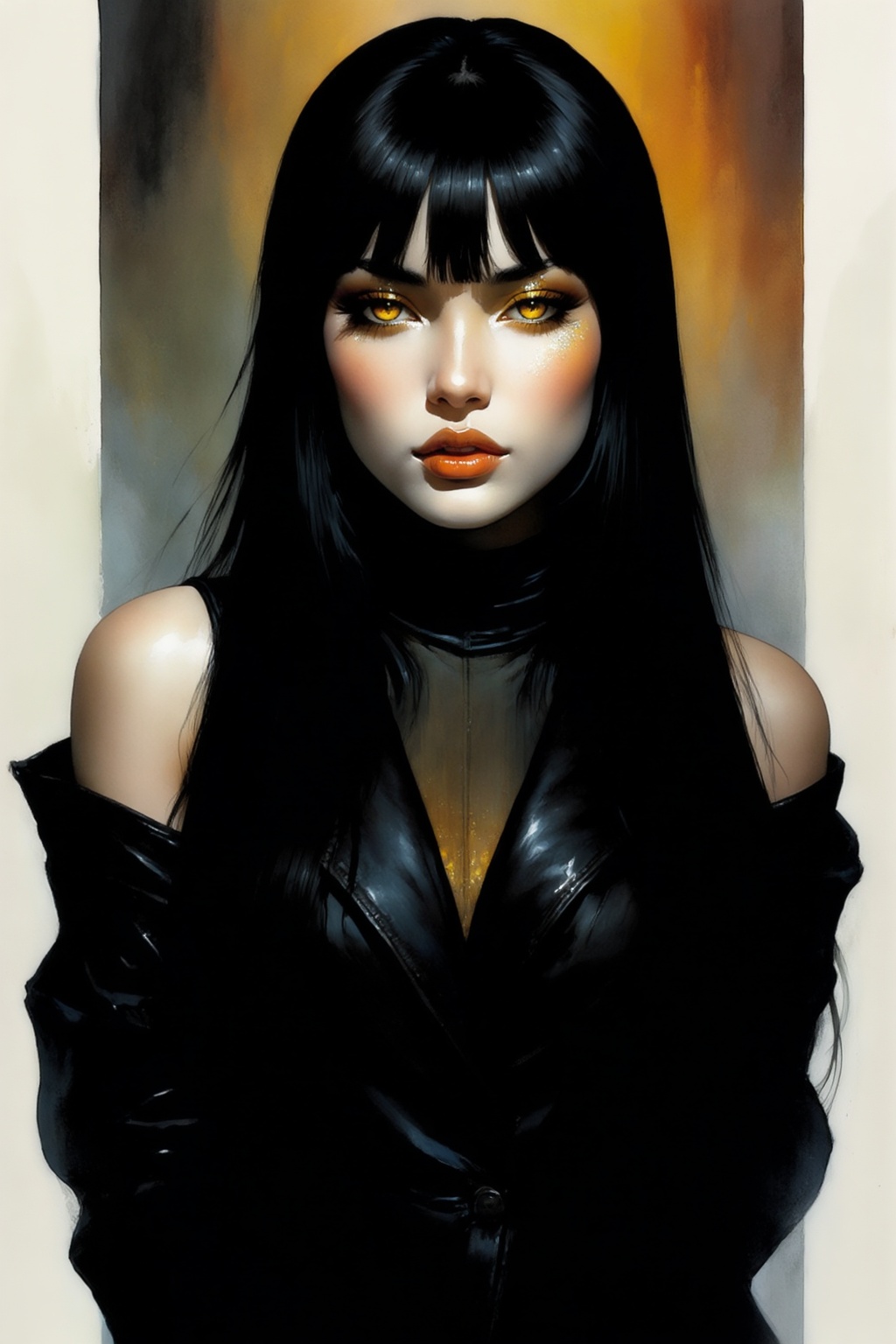 detailed gouache painting featuring a young woman with a quiet seductive aura,  long straight jet-black hair with blunt ba...