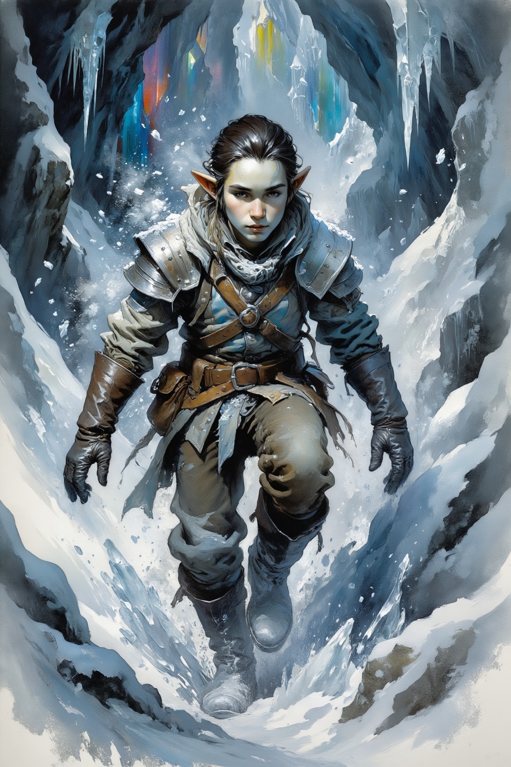 detailed gouache painting featuring a young snow elf,  dnd character,  in an icy cavern on Tensor.Art