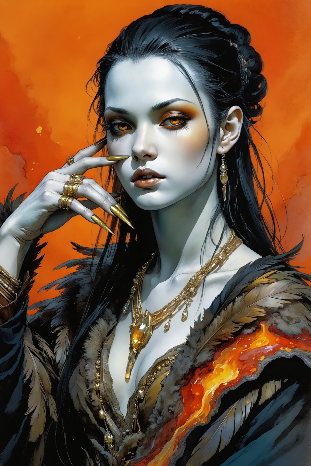 detailed gouache painting featuring a young woman with pale skin,  orange_background,  sharp_fingernails on Tensor.Art