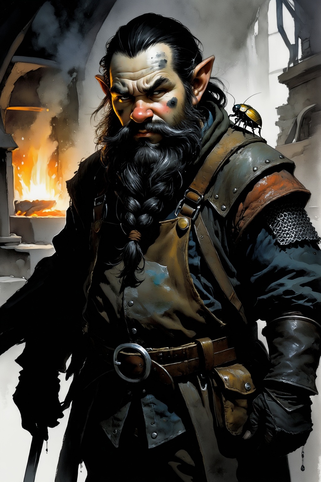detailed gouache painting featuring a dwarf artificer,  compact build,  soot-streaked cheeks on Tensor.Art
