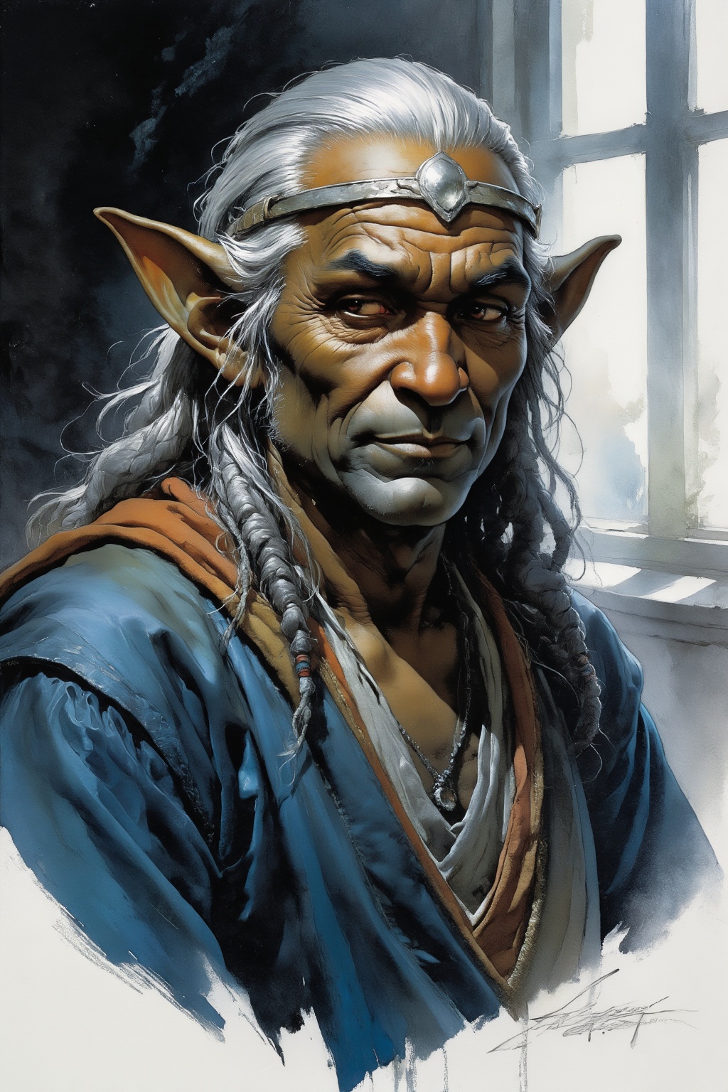 detailed gouache painting featuring an elderly high elf man,  deep umber skin,  silver locs on Tensor.Art