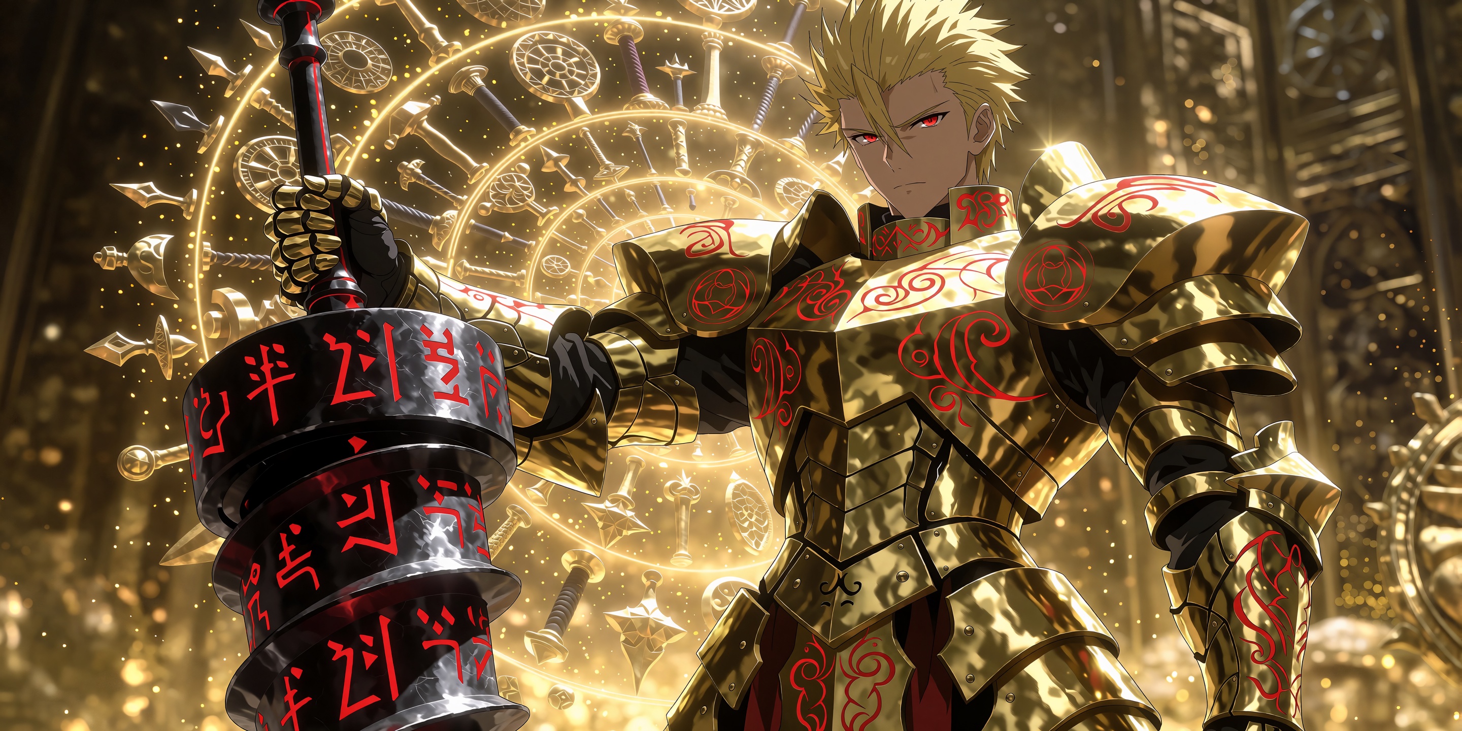 A masterpiece of cinematic fantasy art depicts the legendary King of Heroes,  Gilgamesh,  from the Fate series in a powerf...