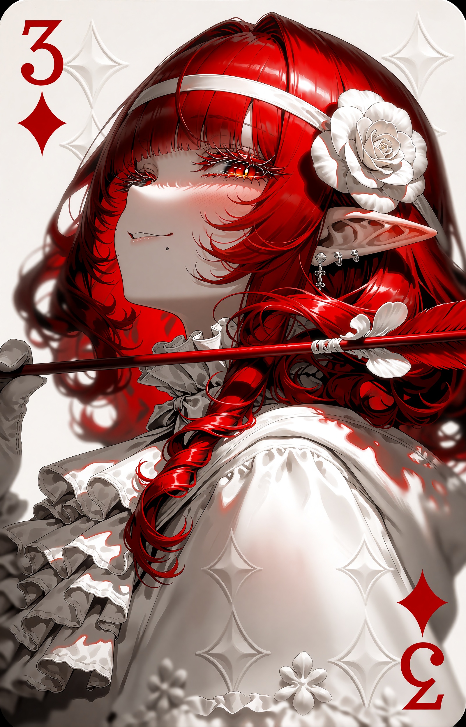 SUBJECT: An androgynous elf courtier who is the living spirit of the three of diamonds,  with long wavy crimson hair and p...
