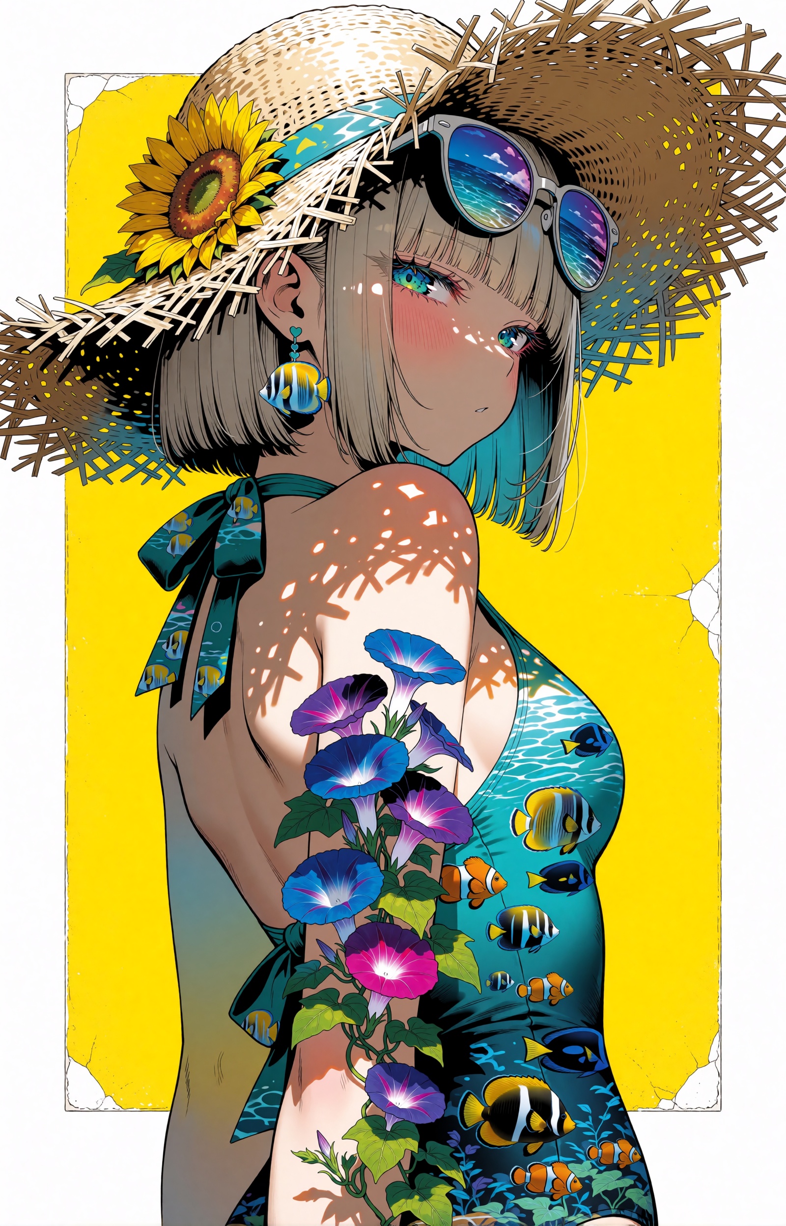 SUBJECT : A summer-day spirit girl with a blunt-cut ash-brown bob and heavy straight bangs glances back over her bare shou...