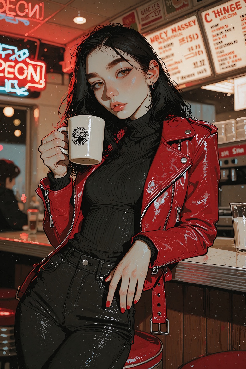 Ivysketch Style. Three-quarter length shot,  a young woman with fair skin and long wavy black hair leaning against a count...