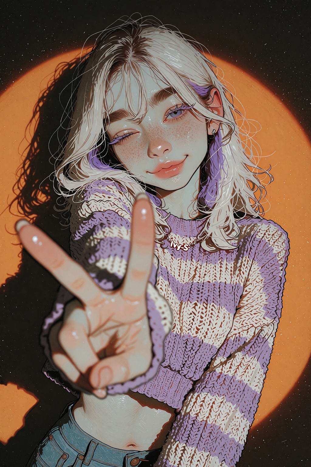 Ivysketch Style. A young woman with platinum blonde hair,  visible natural dark roots,  soft purple inner hair underneath...