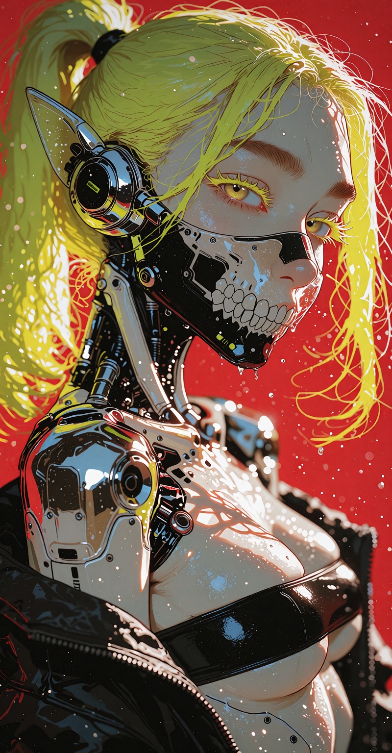 Ivysketch Style. A striking close-up portrait of a futuristic cyberpunk girl with long neon yellow hair tied in a high pon...