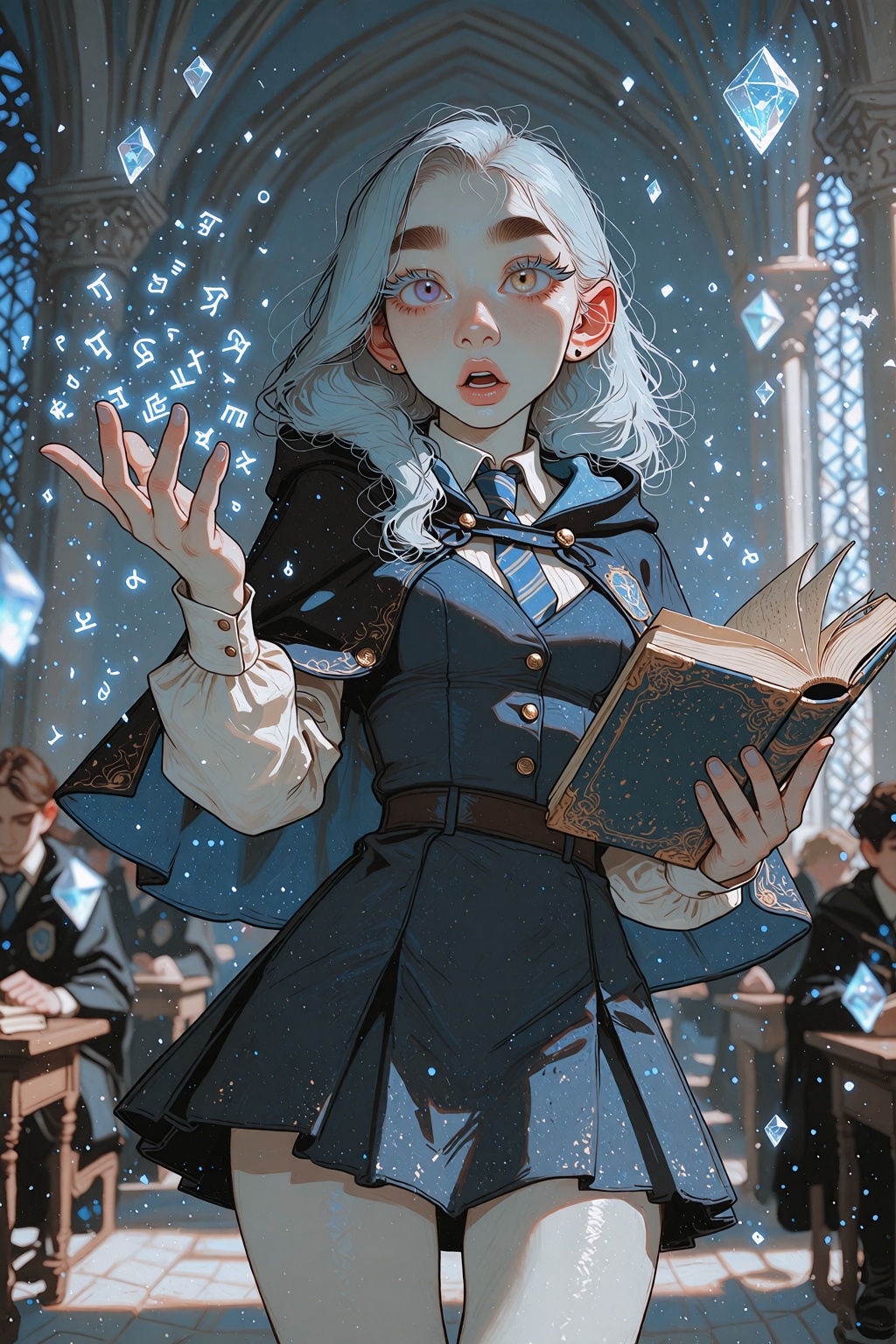 Ivysketch Style,  realistic lighting,  Full-body view of a young fantasy student with long pale blue hair and heterochromi...