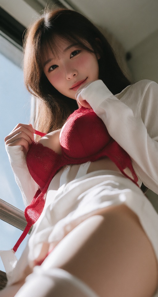 Create a realistic 8K raw photo from a low-angle perspective,  showcasing a beautiful young Korean woman. The image featur...