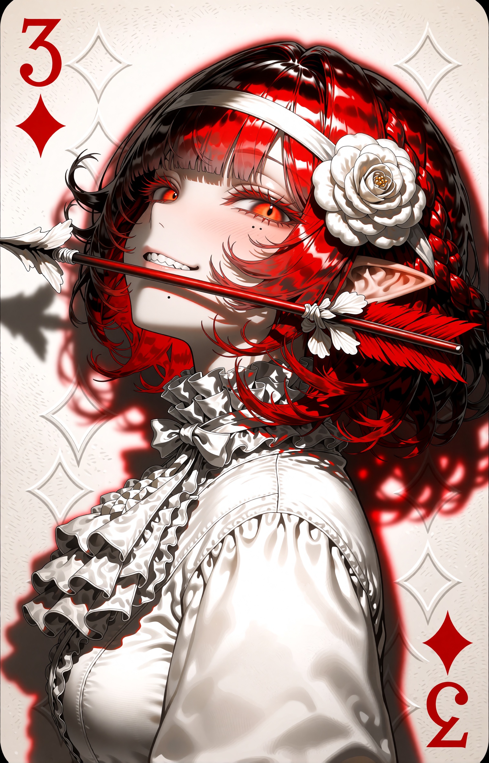 SUBJECT: An androgynous elf courtier who is the living spirit of the three of diamonds,  with long wavy crimson hair and p...
