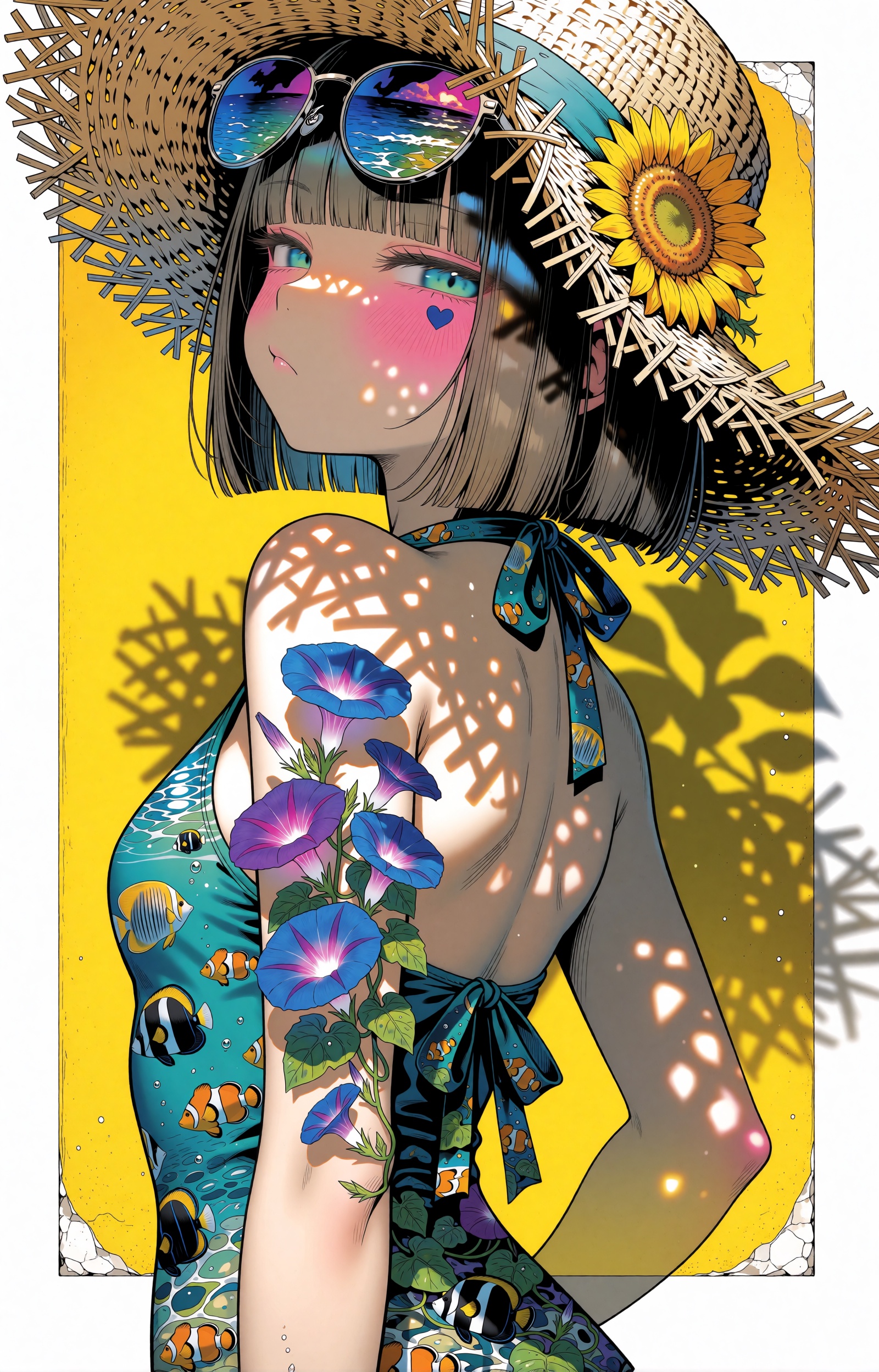 SUBJECT : A summer-day spirit girl with a blunt-cut ash-brown bob and heavy straight bangs glances back over her bare shou...