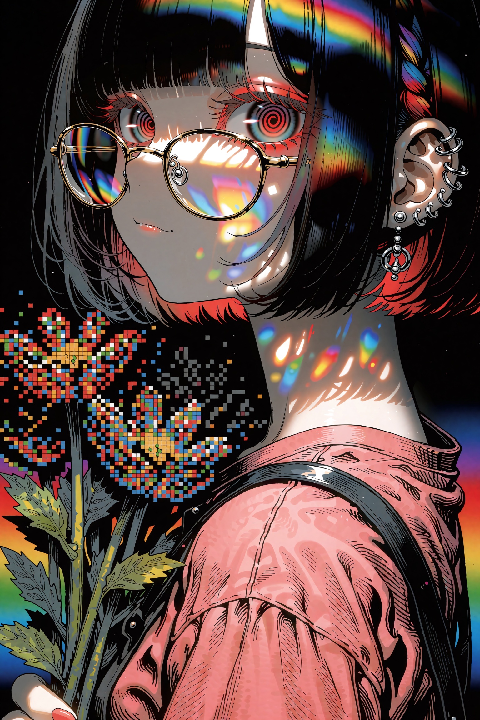 A young anime girl with a chin-length black bob and soft wispy bangs turns to glance back over her shoulder,  meeting the...