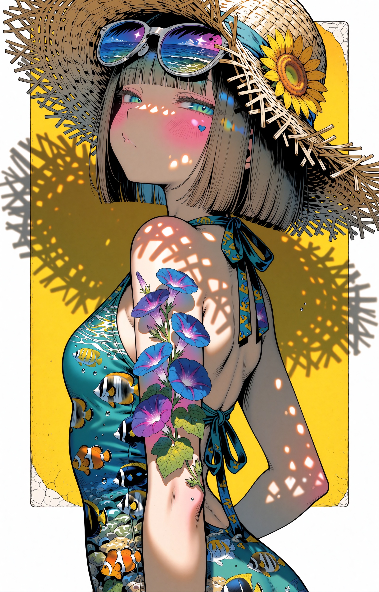 SUBJECT : A summer-day spirit girl with a blunt-cut ash-brown bob and heavy straight bangs glances back over her bare shou...