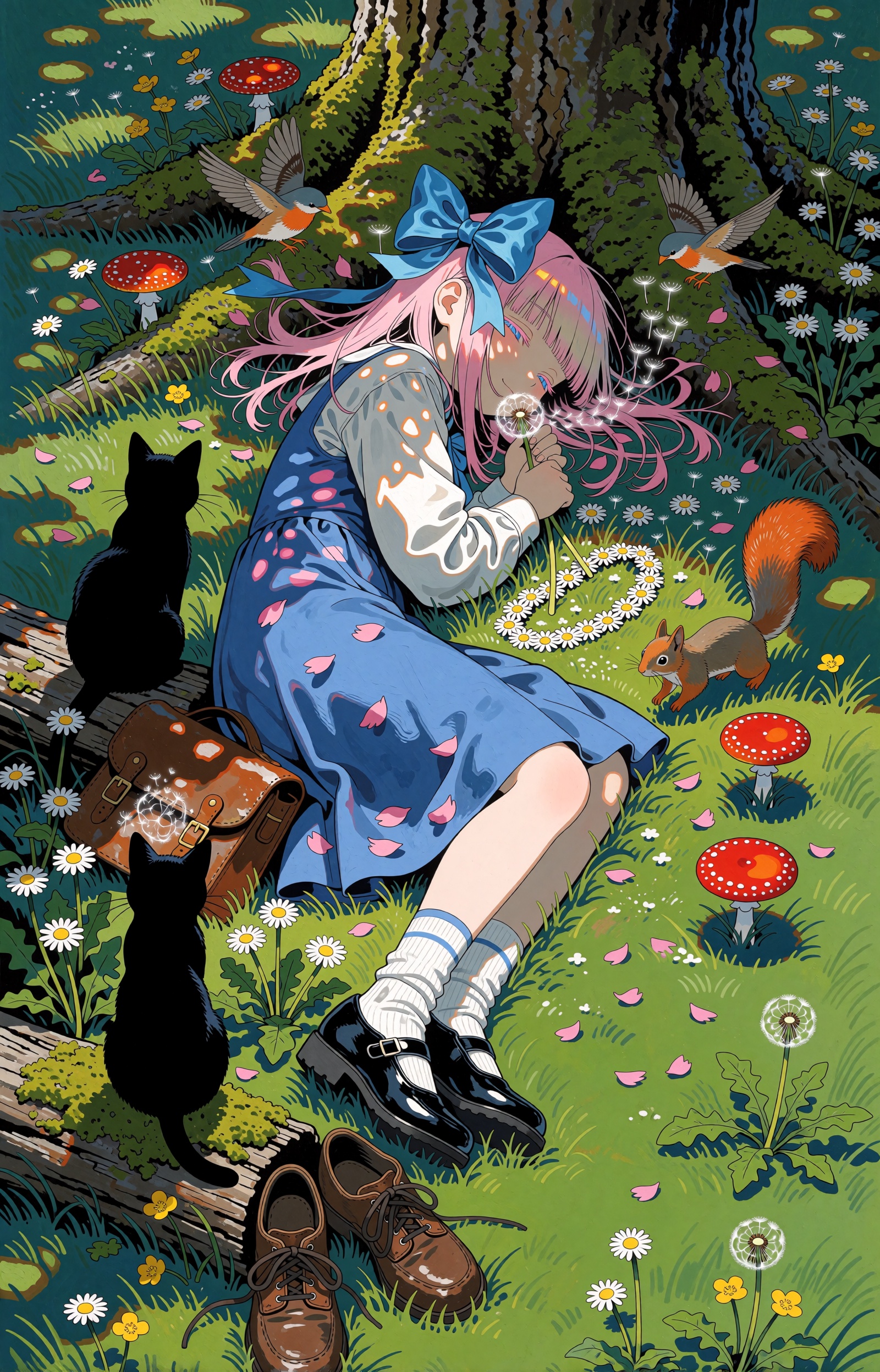 SUBJECT : A young dream-messenger girl with long petal-pink hair sleeps at the forest's threshold,  an oversized sky-blue...