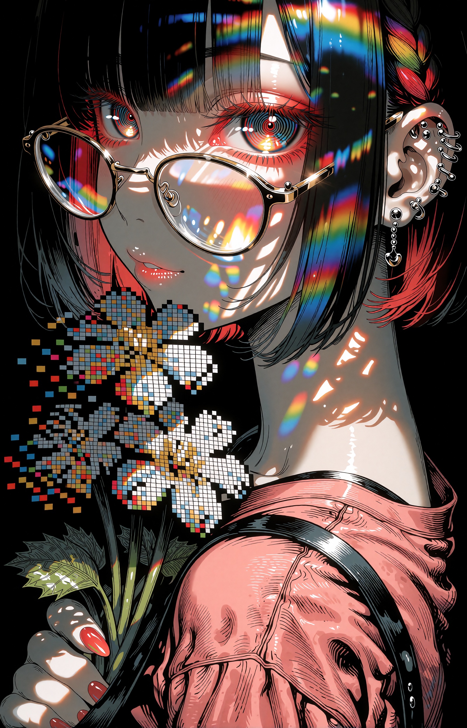 A young anime girl with a chin-length black bob and soft wispy bangs turns to glance back over her shoulder,  meeting the...